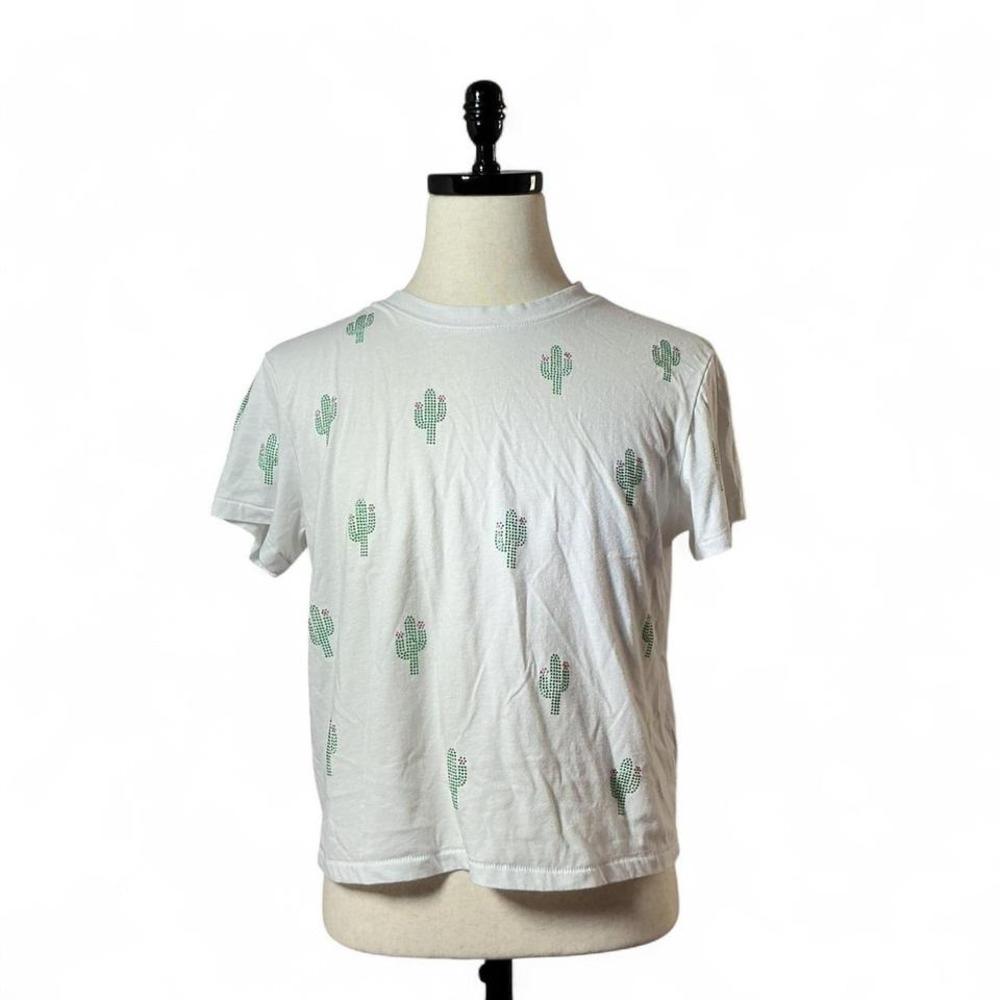 Cactus Rhinestone T-Shirt Novelty White Graphic Tee Short‎ Sleeve